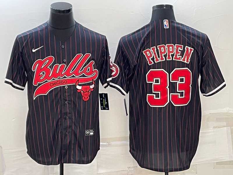 Men's Chicago Bulls #33 Scottie Pippen Black Pinstripe With Patch Cool Base Stitched Baseball Jersey